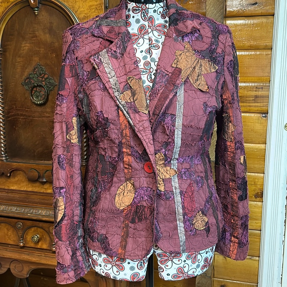 Vintage Lana Lee Patchwork Blazer Jacket Shoulder Pads Size 12 Maroon
